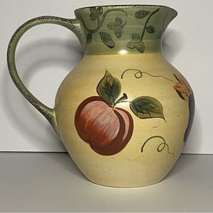 Garden Ridge Stoneware Water Tea Pitcher Tan Green 8.5”x 4.5” Painted Fruit
